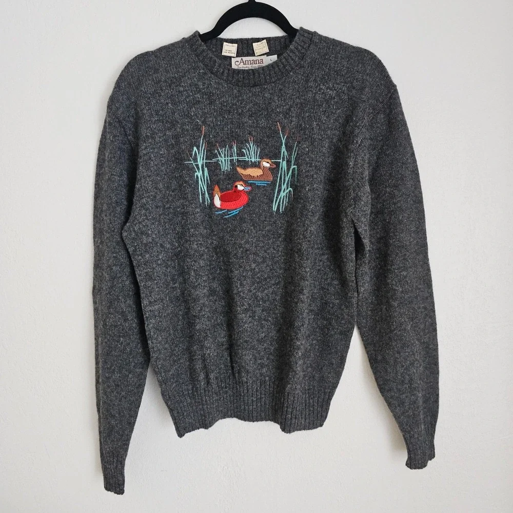 Amana Men's Grey Wool‎ Blend Duck Embroidered Fair Isle Vintage Sweater L USA